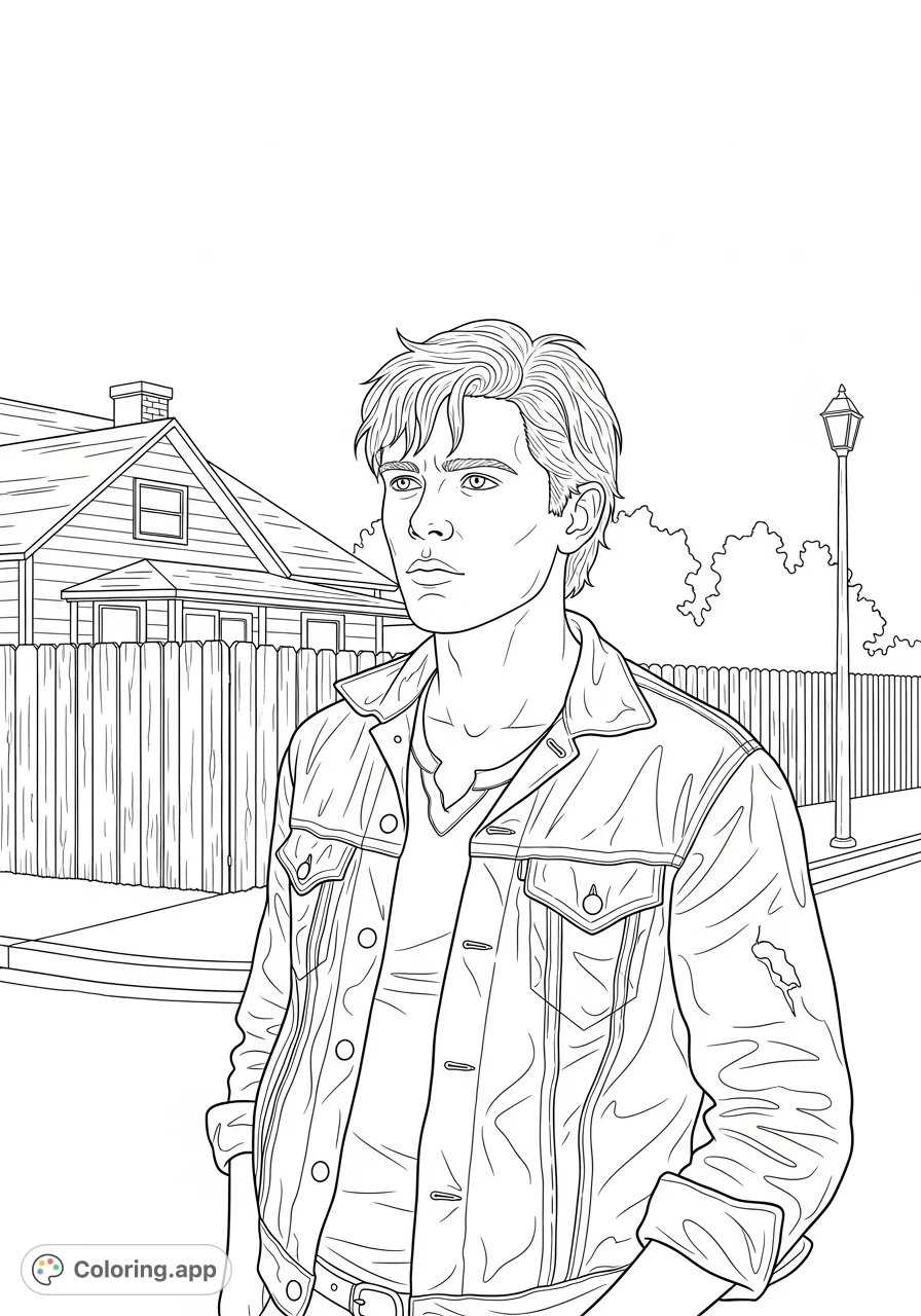 Capture the thoughtful spirit of Ponyboy Curtis from 'The Outsiders'. A detailed character portrait with an atmospheric street background for fans of classic literature.