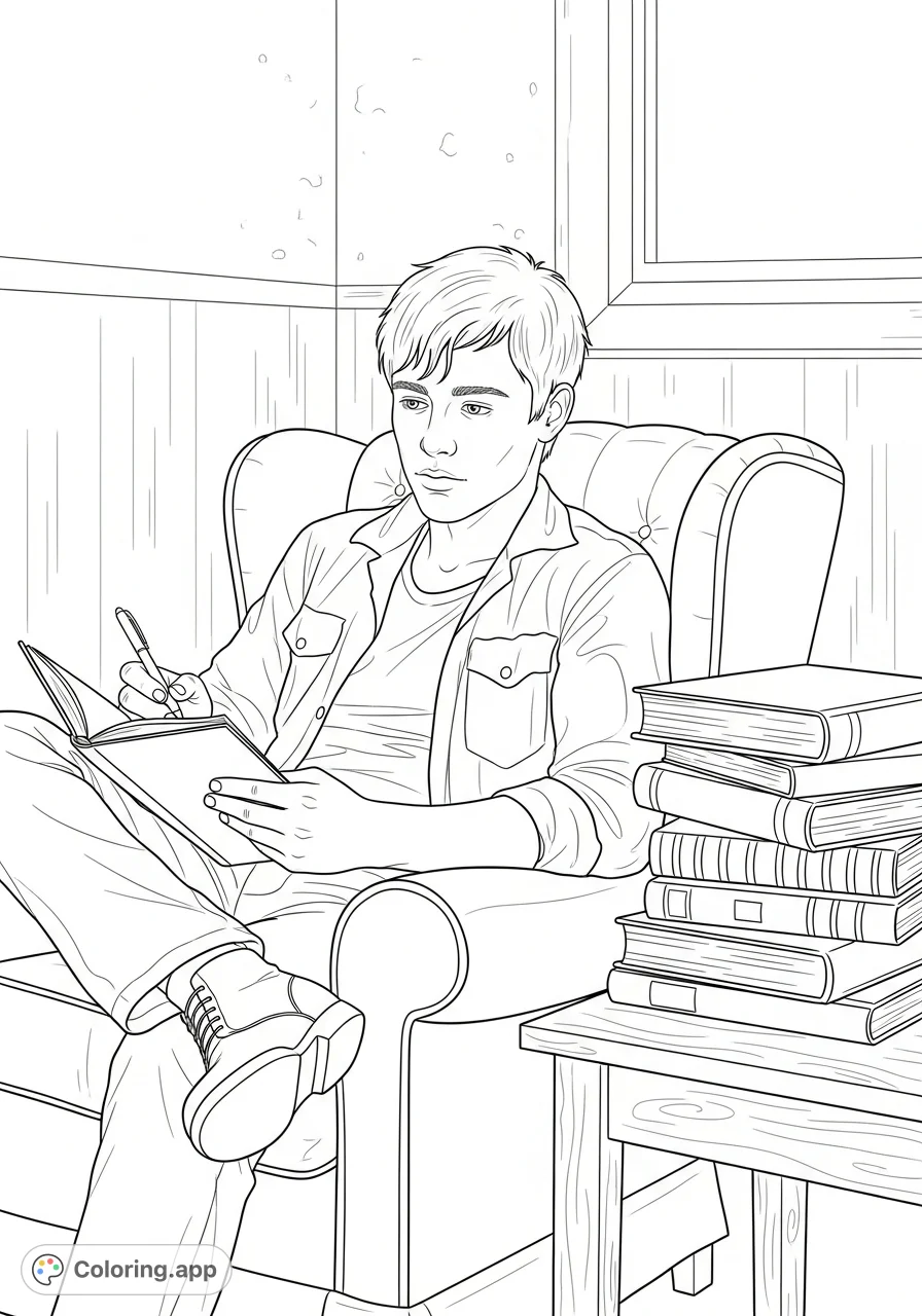Capture Ponyboy Curtis in a thoughtful moment, seated with his journal and books. A reflective scene, perfect for fans of literary characters and quiet contemplation.