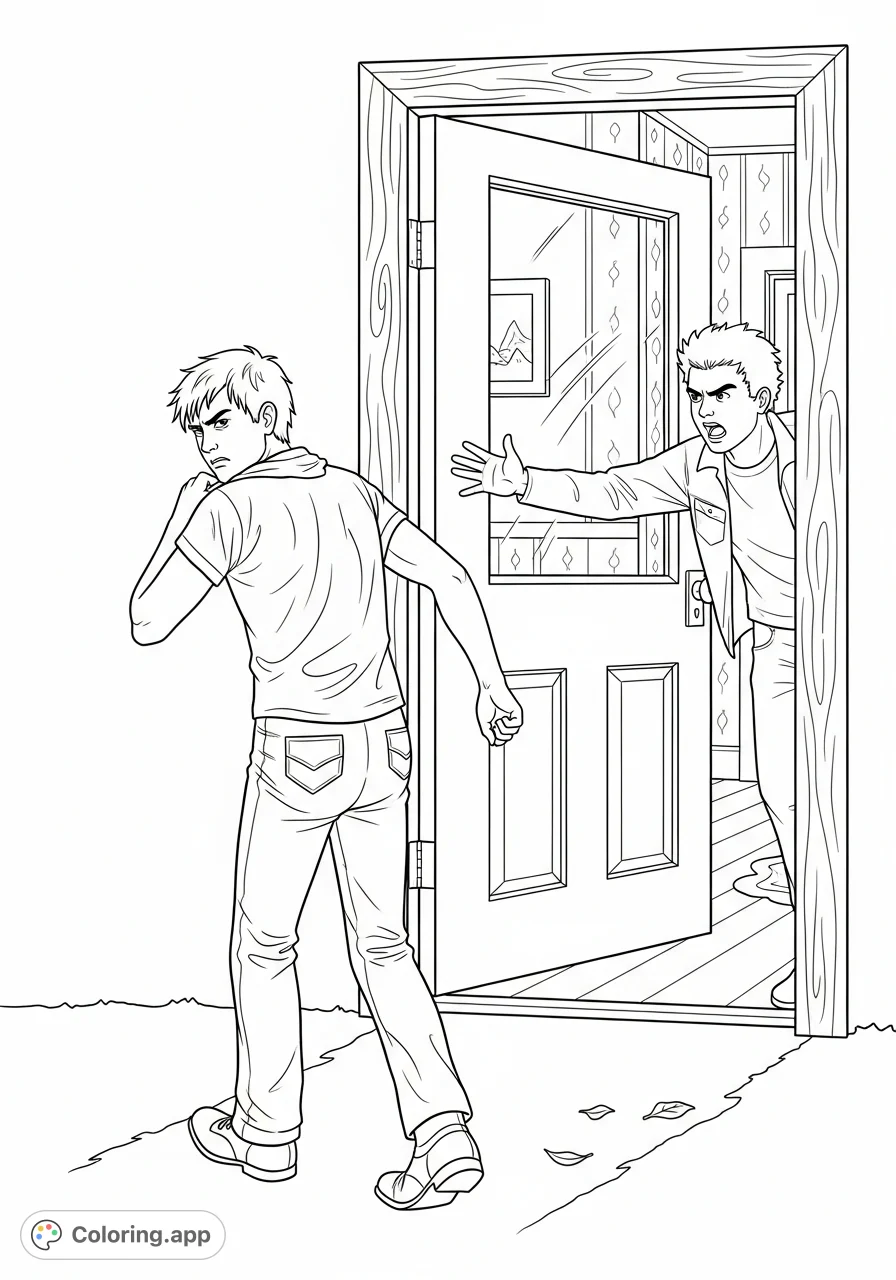 Capture the raw tension between Ponyboy and Darry as Ponyboy storms out of their home, leaving Darry calling after him. A dramatic scene for thoughtful coloring.