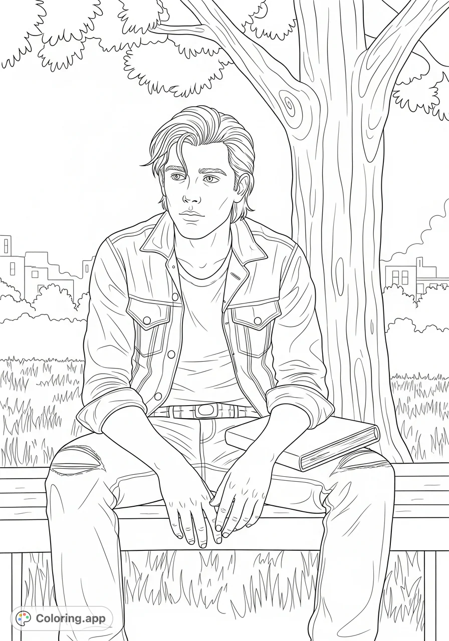 Capture Ponyboy Curtis in a thoughtful pose with a book, set in a serene urban park. A classic literary character coloring page for fans of 'The Outsiders'.