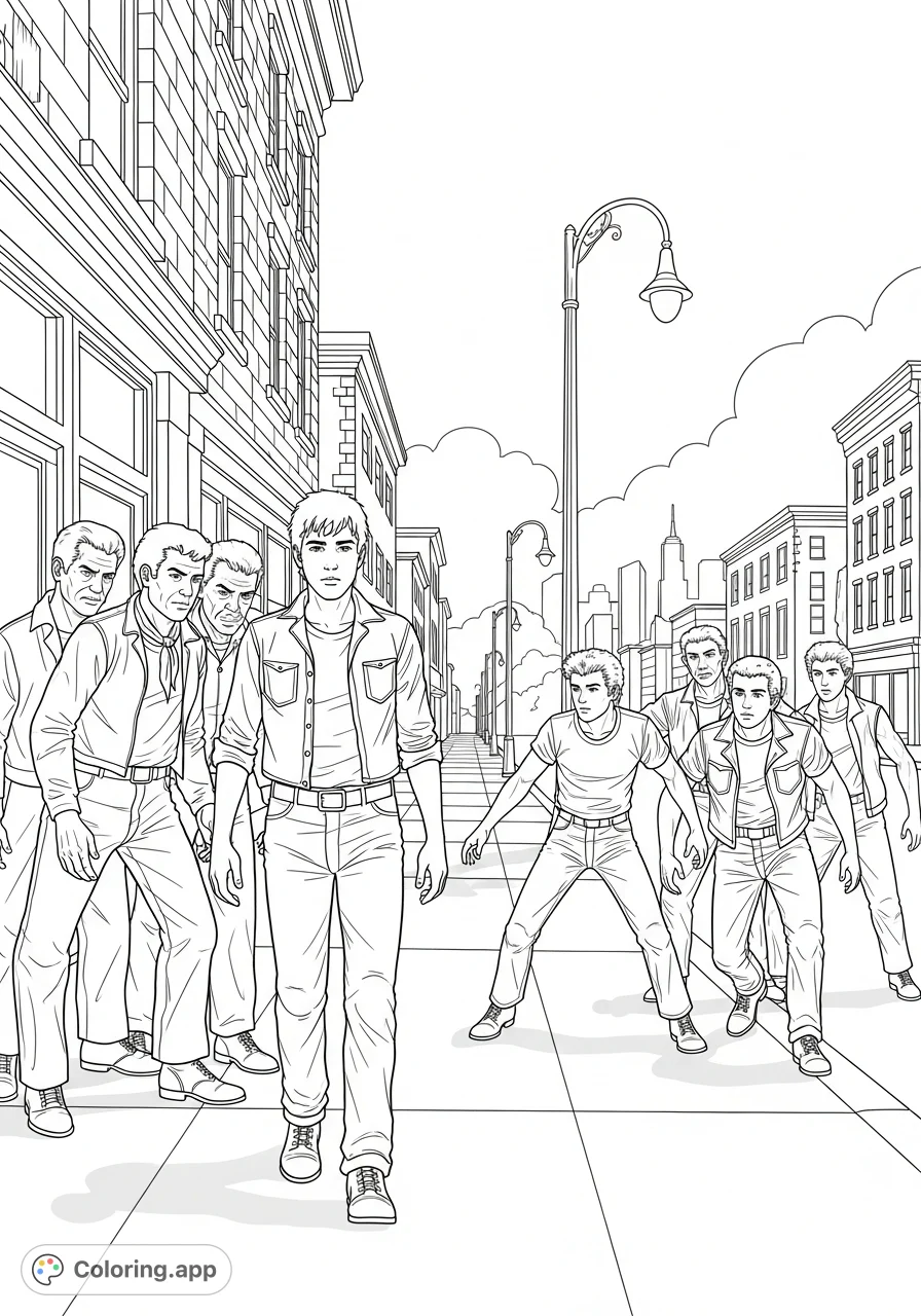 Experience the iconic conflict! Ponyboy Curtis is ambushed by Socs, saved by his Greaser friends. A dramatic scene from classic literature. Free printable The Outsiders coloring page.