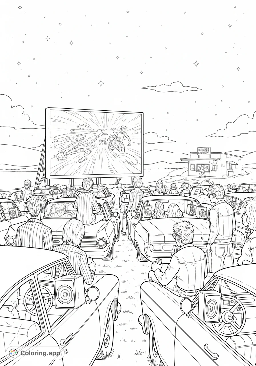 Step back in time to a classic drive-in movie night with a group of friends, vintage cars, and a giant screen under the stars. A nostalgic scene perfect for coloring!