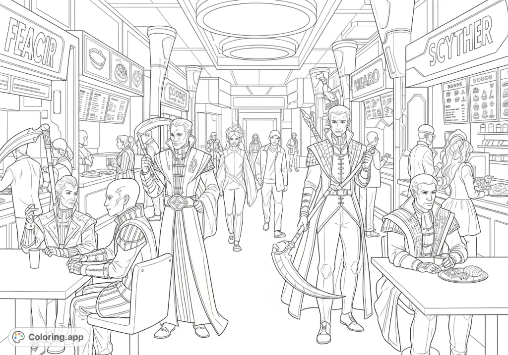 A unique "Scythe" coloring page depicting ostentatiously dressed scythes amidst a bustling food court, offering a blend of futuristic fashion and everyday life.