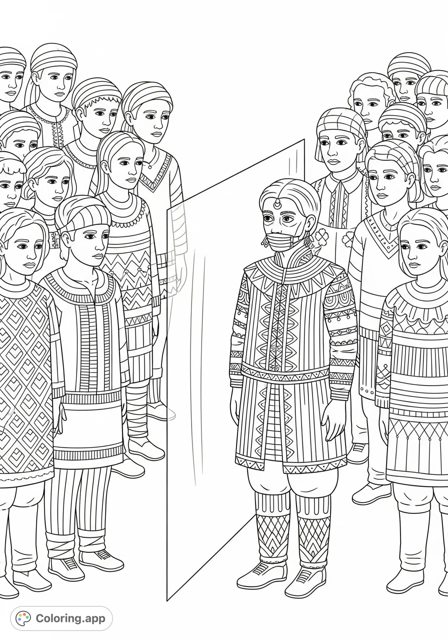 Explore a thought-provoking scene depicting a figure standing apart from a group, symbolizing the subtle barriers created by perceived differences and stereotypes. A meaningful coloring page.
