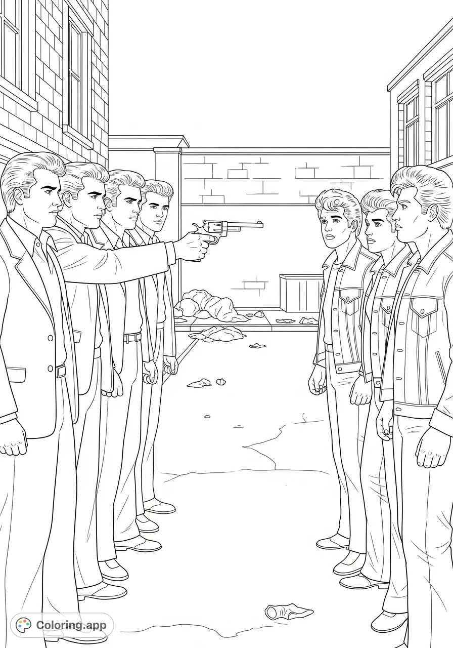 Experience the gritty tension of a street confrontation where Socs threaten Greasers. This detailed scene captures the iconic rivalry, perfect for adult coloring enthusiasts.