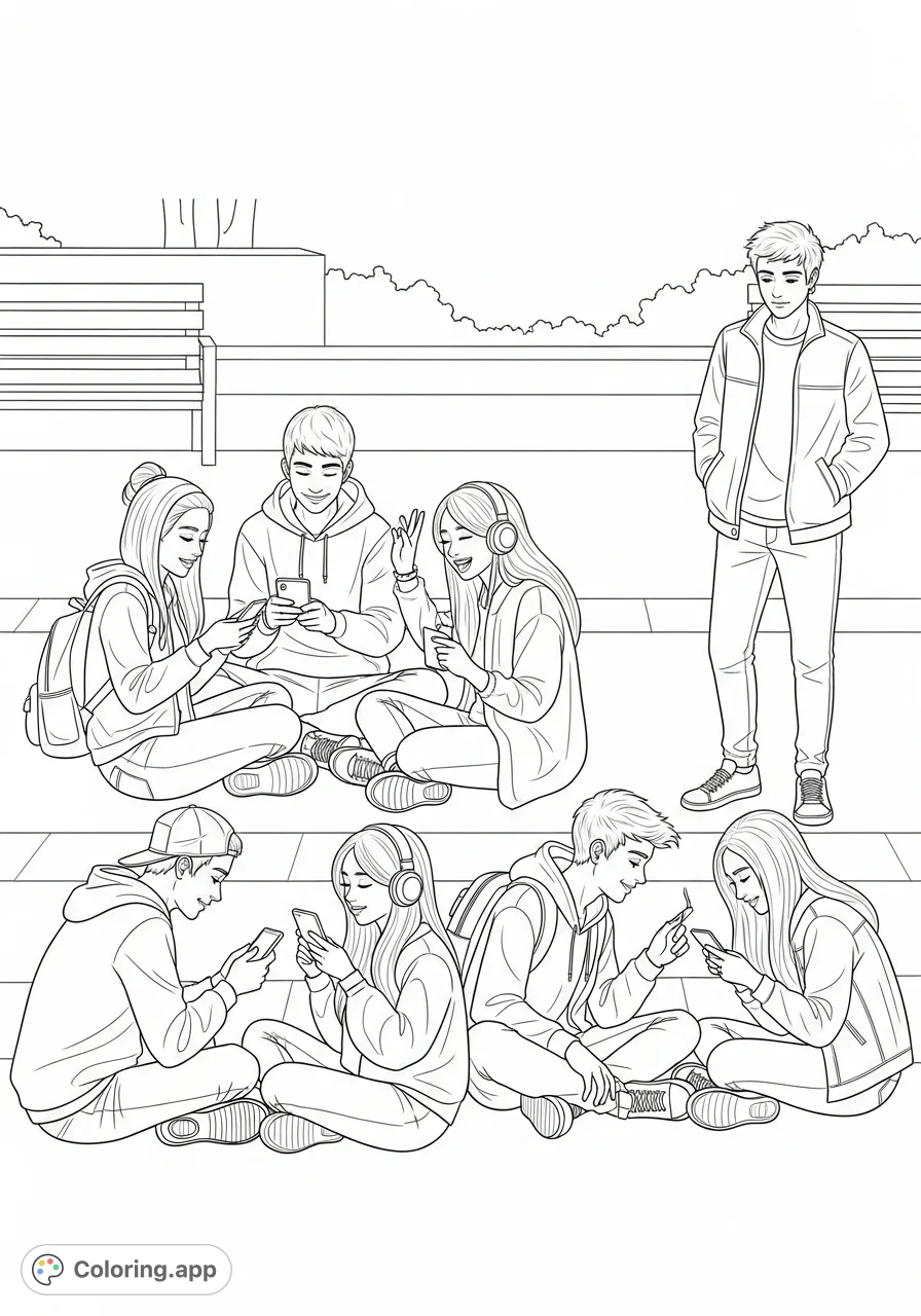 Explore the complex social dynamics of modern teen life. A detailed scene captures stereotypical teen groups and the poignant feeling of being an outsider looking in.