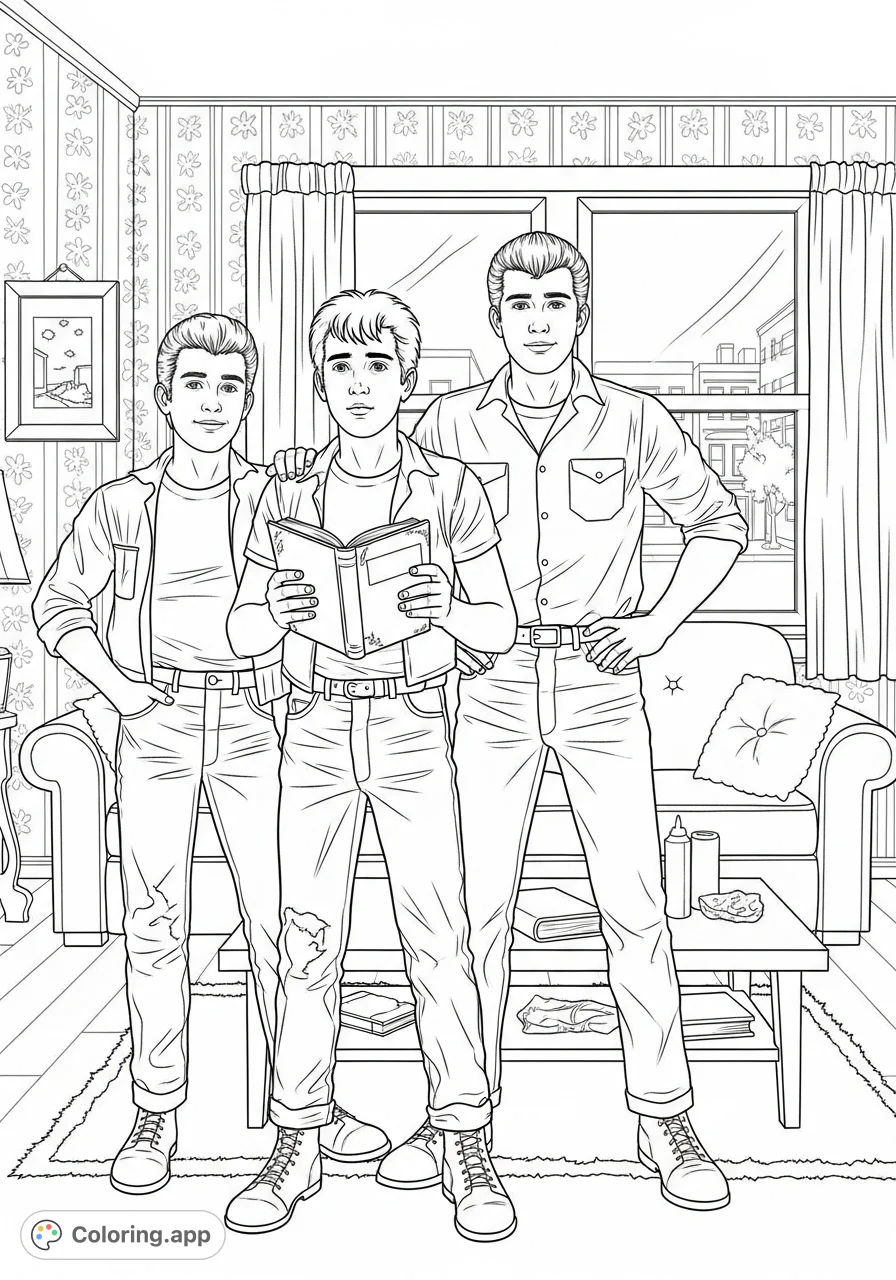 Depicts Ponyboy, Darry, and Sodapop Curtis, the iconic brothers from a classic American novel, in a scene reflecting their bond and distinct personalities.