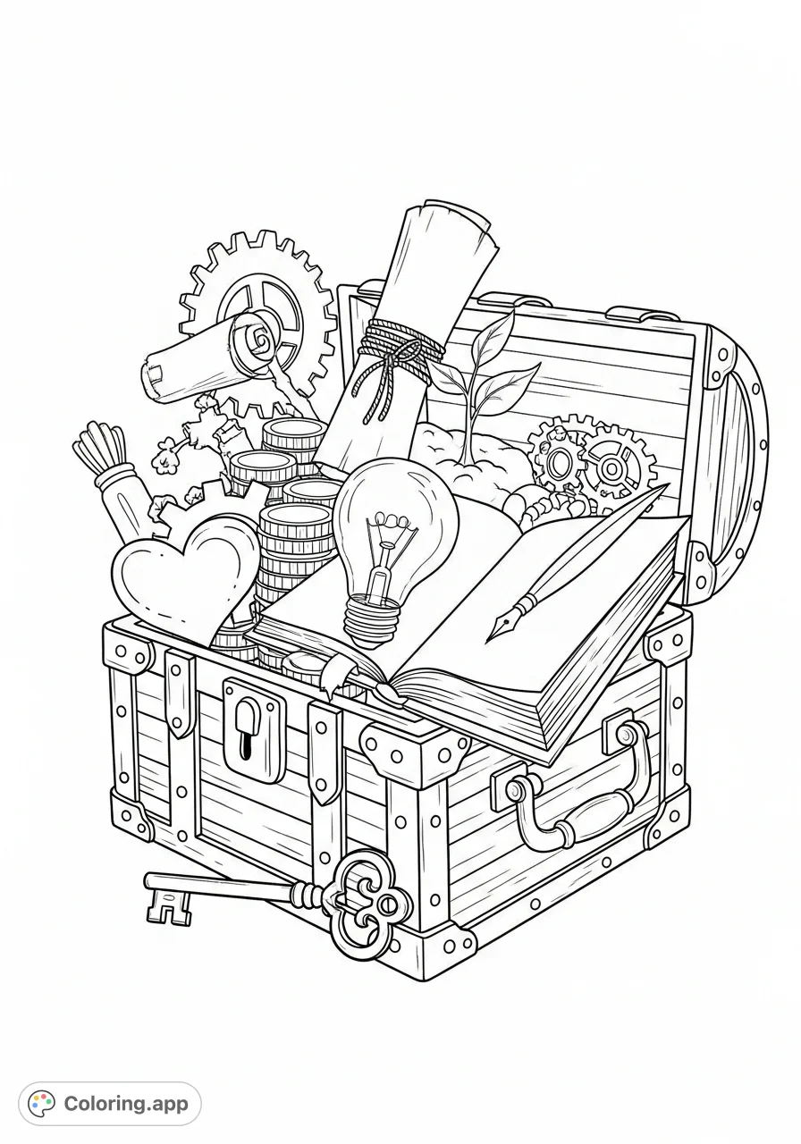 Explore a collection of valuable and useful assets, from scrolls and gears to books and keys, all overflowing from a decorative chest in this symbolic coloring page.