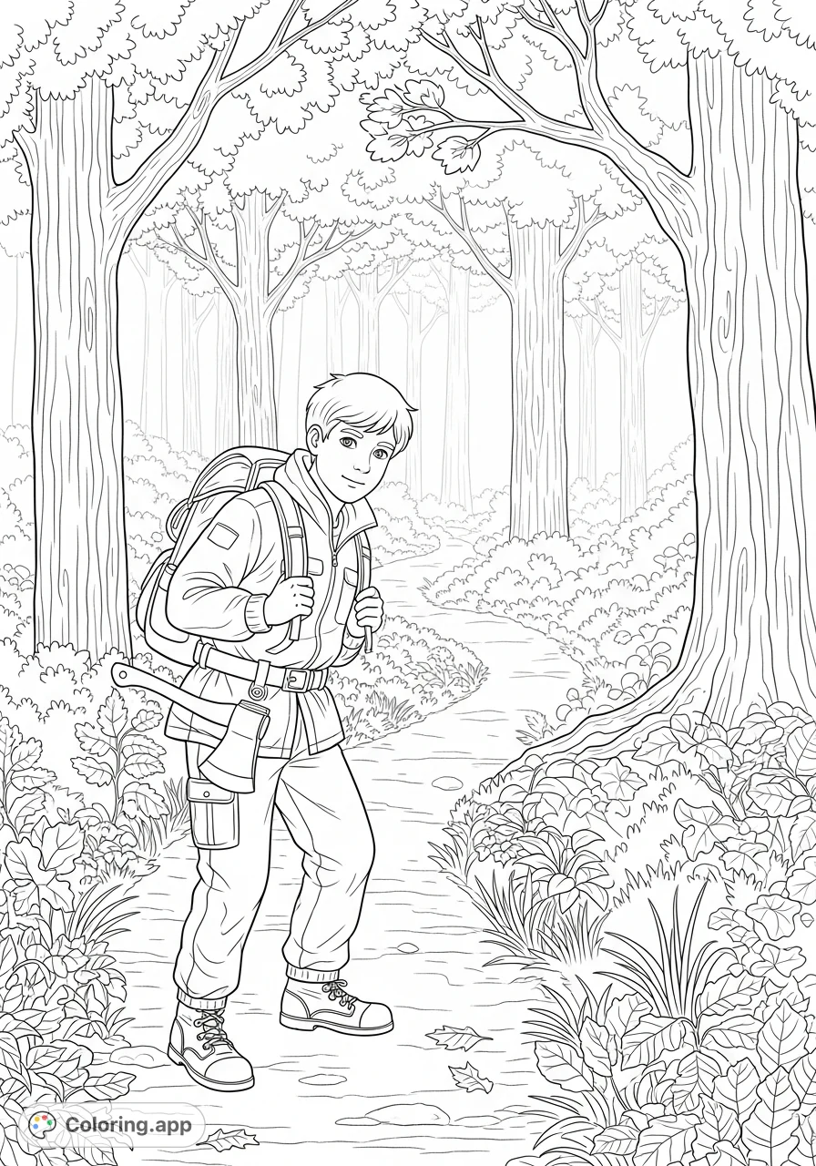 Explore the forest with this young hiker coloring page, featuring a boy with a hatchet on a path through detailed woods, perfect for nature lovers.