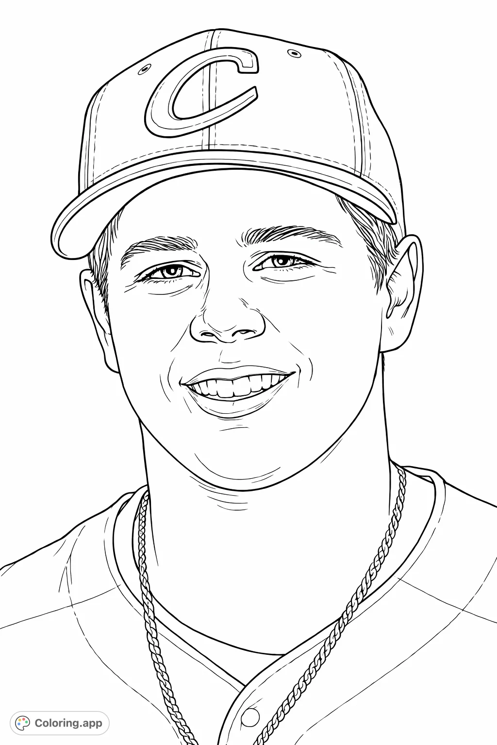 Capture the spirit of a young baseball player in this detailed portrait coloring page. A smiling athlete in a cap and chain, perfect for sports fans.