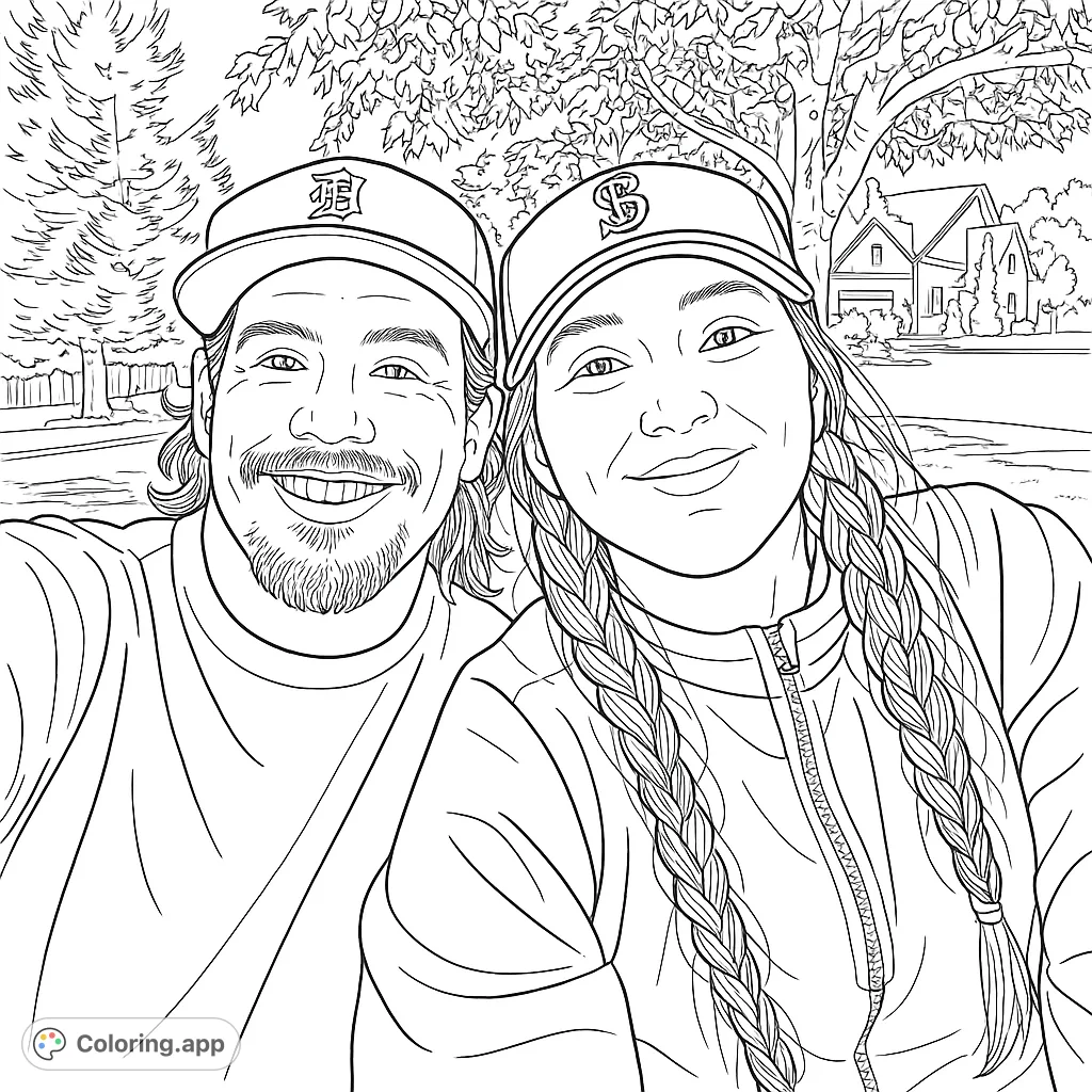 A cheerful portrait of a man and a woman smiling outdoors. Features distinct caps, braided hair, and a background with trees, a fence, and houses.