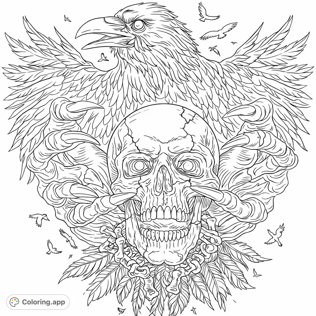 An imposing raven with widespread wings hovers above a detailed human skull, gripped by powerful talons. Surrounded by feathers and smaller birds, this design offers a dramatic and intricate coloring experience.