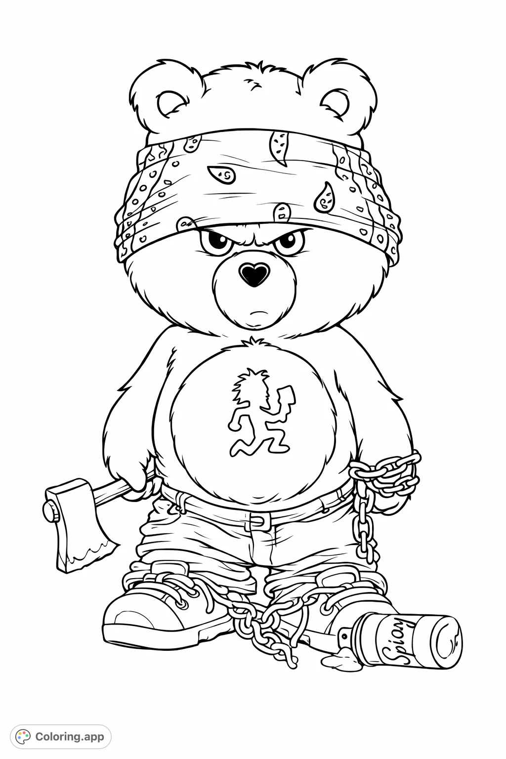 Color this unique, grumpy bear character wearing a bandana, holding an axe, and featuring a distinctive running figure belly badge. A fun, edgy design!