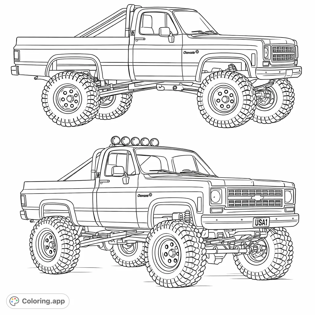 Unleash your creativity on this powerful off-road pickup truck coloring page, featuring massive tires, detailed grille, and rugged roll bar for adventure.