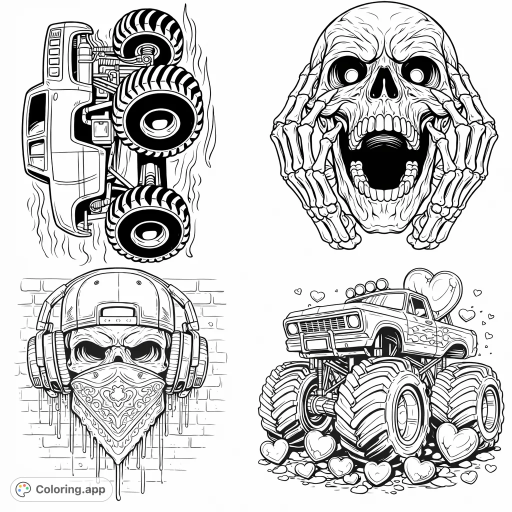 Unleash your creativity with this monster truck coloring page, featuring a powerful truck surrounded by hearts and flames. A unique blend of ruggedness and affection.