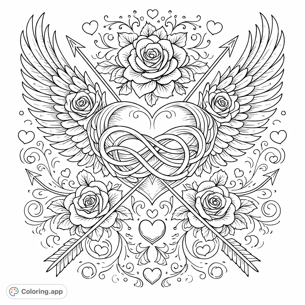 An intricate design featuring a winged heart with an infinity symbol, surrounded by elegant roses, crossed arrows, and delicate scrollwork details.
