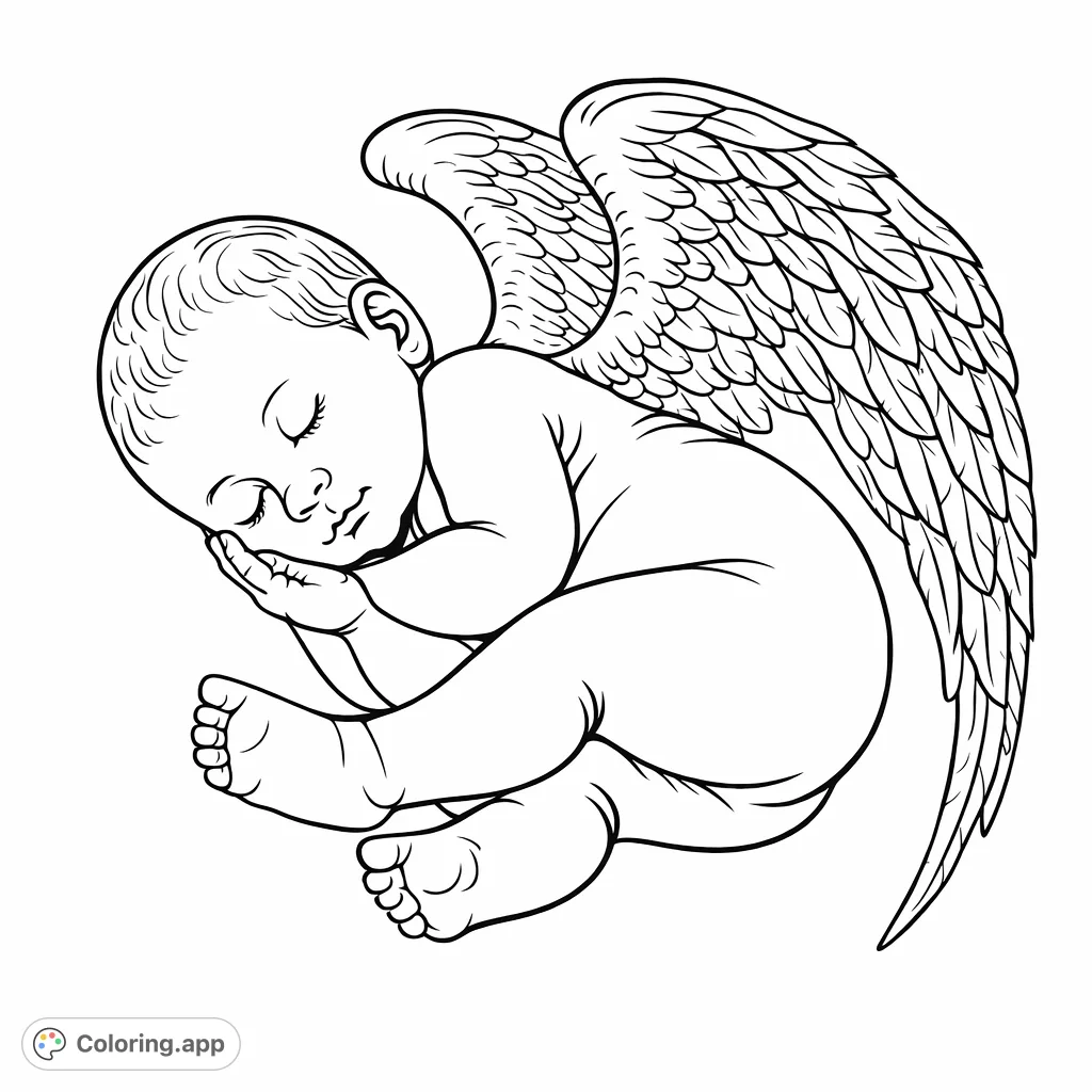 A peaceful winged infant curls up in slumber, watched over by a gentle hand. A serene scene perfect for quiet reflection and creative expression.