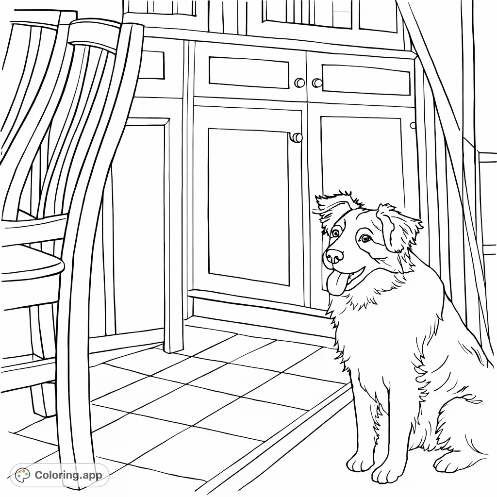 A charming dog stands in a cozy room with wooden furniture. This delightful puppy coloring page offers a sweet scene for all ages to enjoy.