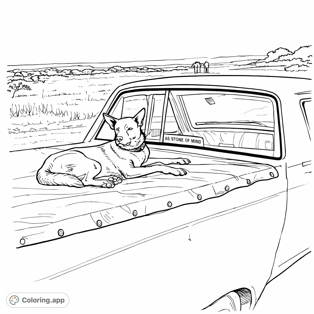 An engaging dog coloring page featuring a loyal canine companion relaxing on a truck bed against a vast, open landscape. Perfect for all ages!