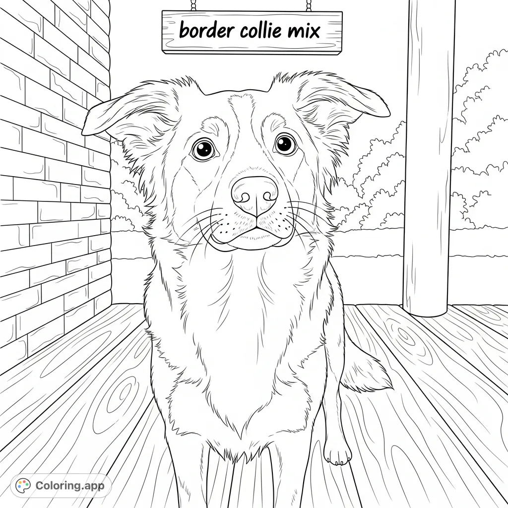 An endearing border collie mix stands on a wooden surface, looking up with curious eyes. Perfect for dog lovers and a delightful animal coloring page experience.
