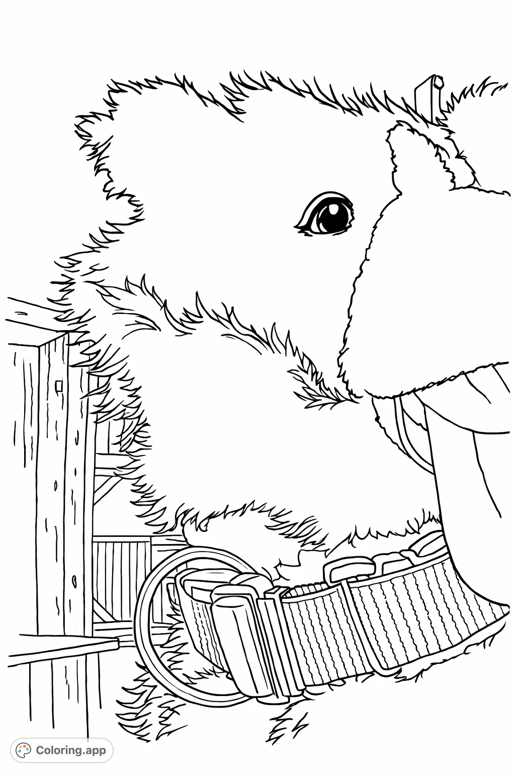 A charming close-up of a fluffy dog's face, showcasing expressive eyes, a playful tongue, and a detailed collar, perfect for animal lovers to color.