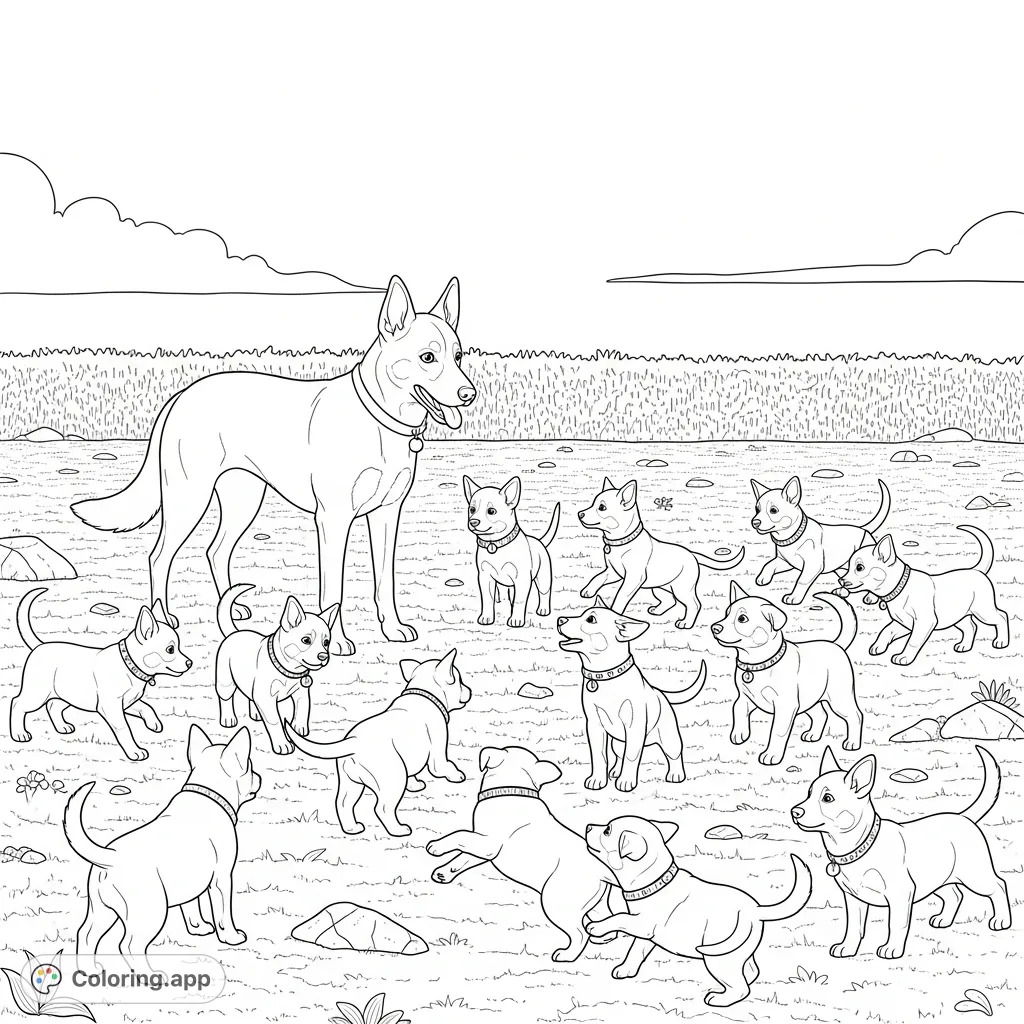 A delightful Australian Kelpie coloring page featuring a proud mother and her ten playful pups, all with collars, romping in a vibrant yard. Perfect for dog lovers!
