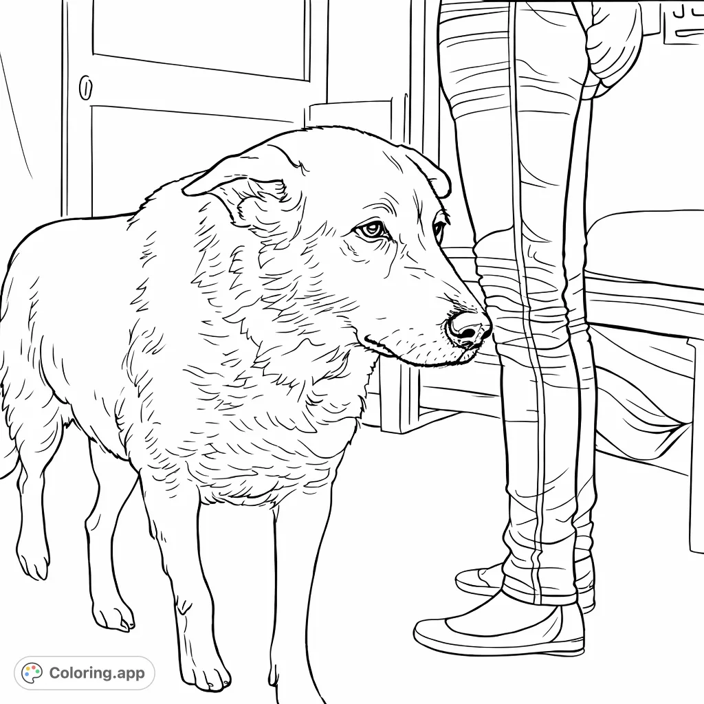 A charming dog stands alongside a person, offering a delightful scene for coloring enthusiasts. Capture the bond and warmth in this everyday moment.