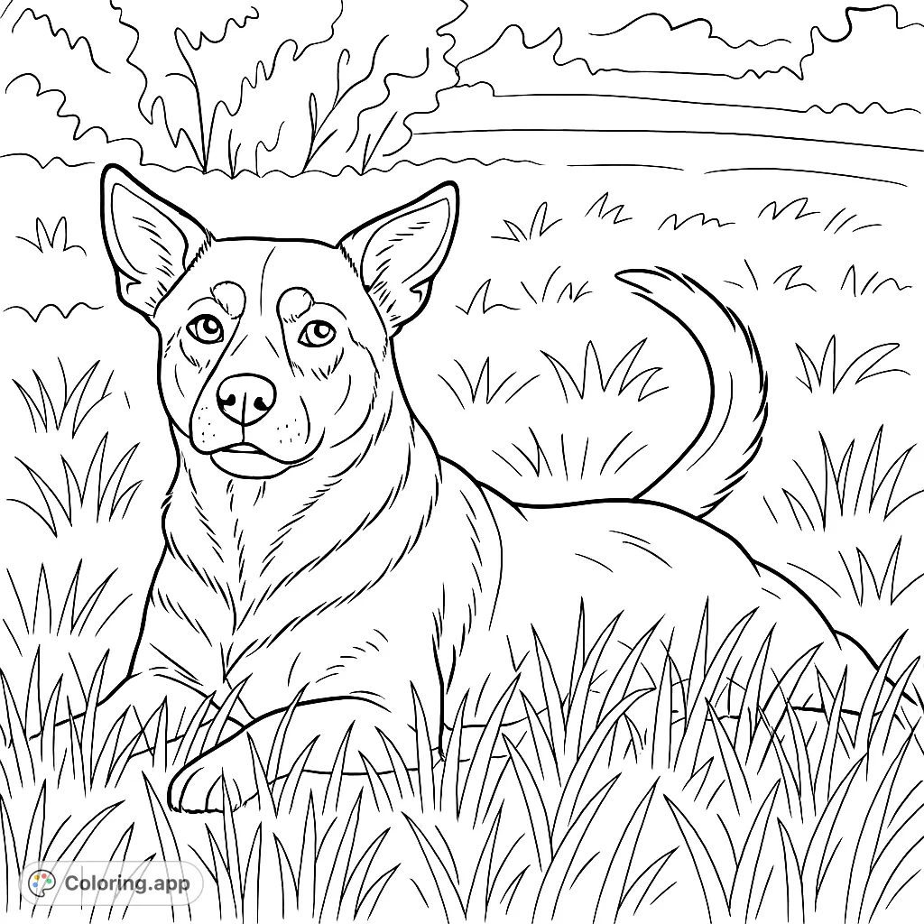 A charming dog with perked ears and patterned markings rests peacefully in a grassy field, offering a delightful and engaging coloring experience.