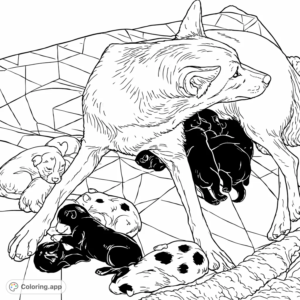 A heartwarming scene of a mama dog nestled with her adorable litter of newborn puppies, some feeding, others sleeping soundly on a patterned blanket.