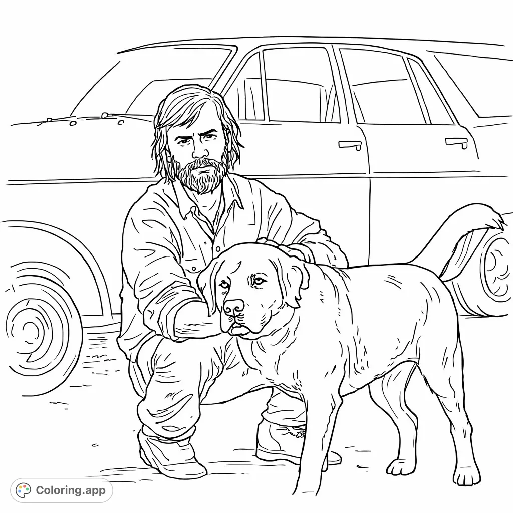 Capture a heartwarming scene of a man gently interacting with his canine companion, set against the backdrop of an automobile. A touching moment for all ages.