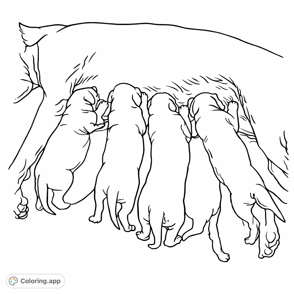 A heartwarming scene of a mother dog nursing her litter of puppies. Perfect for celebrating maternal bonds and the joy of new life.