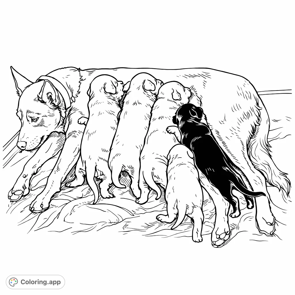 A heartwarming scene of a mother dog with her litter of playful puppies. Perfect for animal lovers of all ages to color and enjoy.