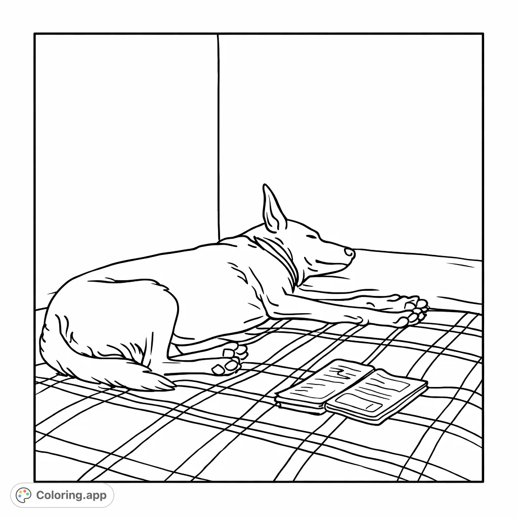 A serene dog rests on a cozy, patterned blanket, creating a heartwarming scene ready for your personal touch. A perfect pet-themed design.