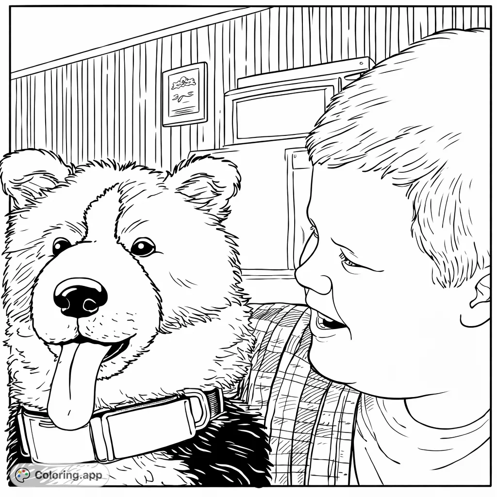 A heartwarming coloring page featuring a person interacting with a fluffy, happy plush dog with its tongue out. A delightful scene for all ages to enjoy.