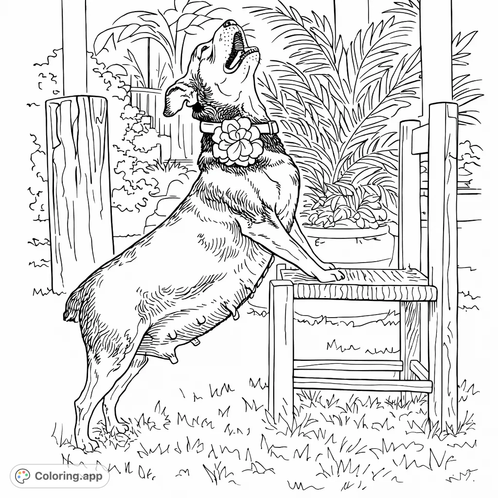A charming dog stands on hind legs, paws on a wooden chair, mouth open as if barking, adorned with a large floral collar in a grassy outdoor scene.