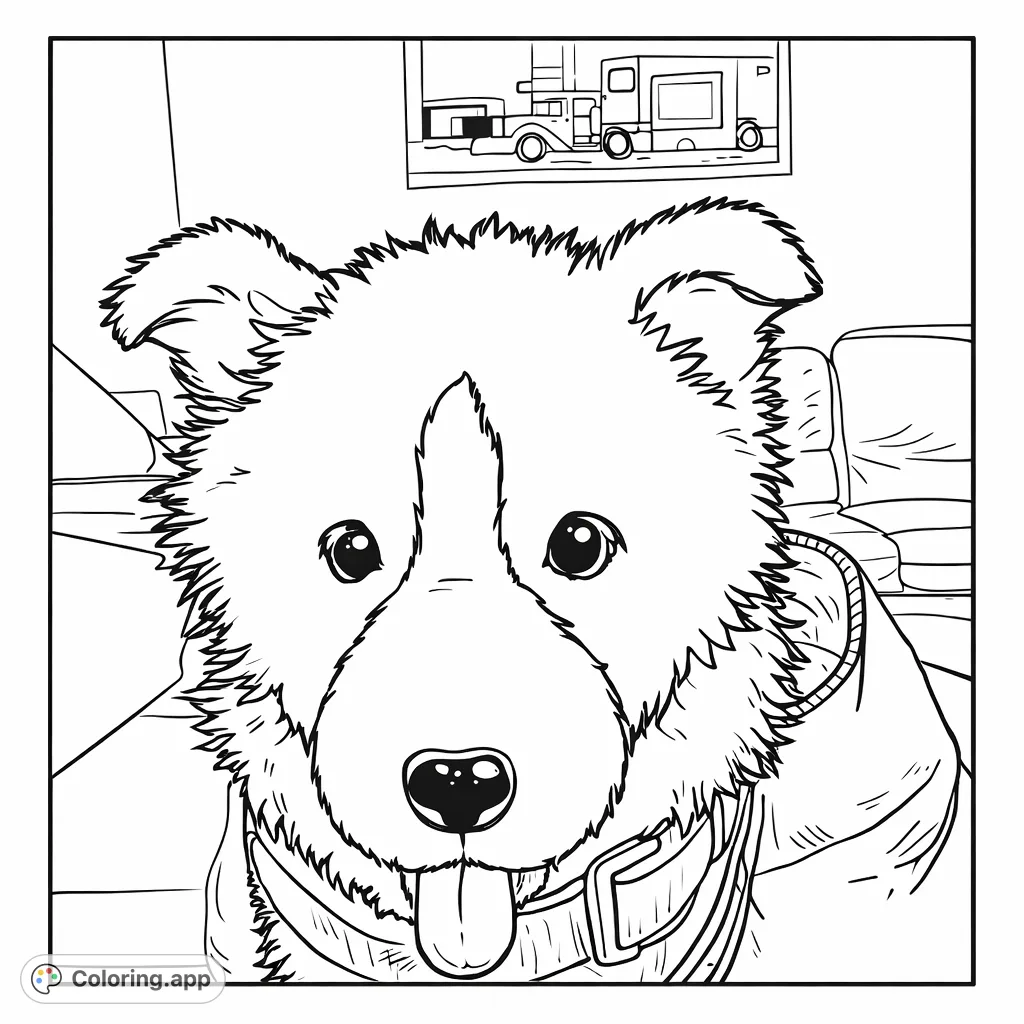 A charming coloring page featuring a detailed dog portrait with shaggy fur and a playful tongue. Perfect for animal lovers of all ages to personalize.