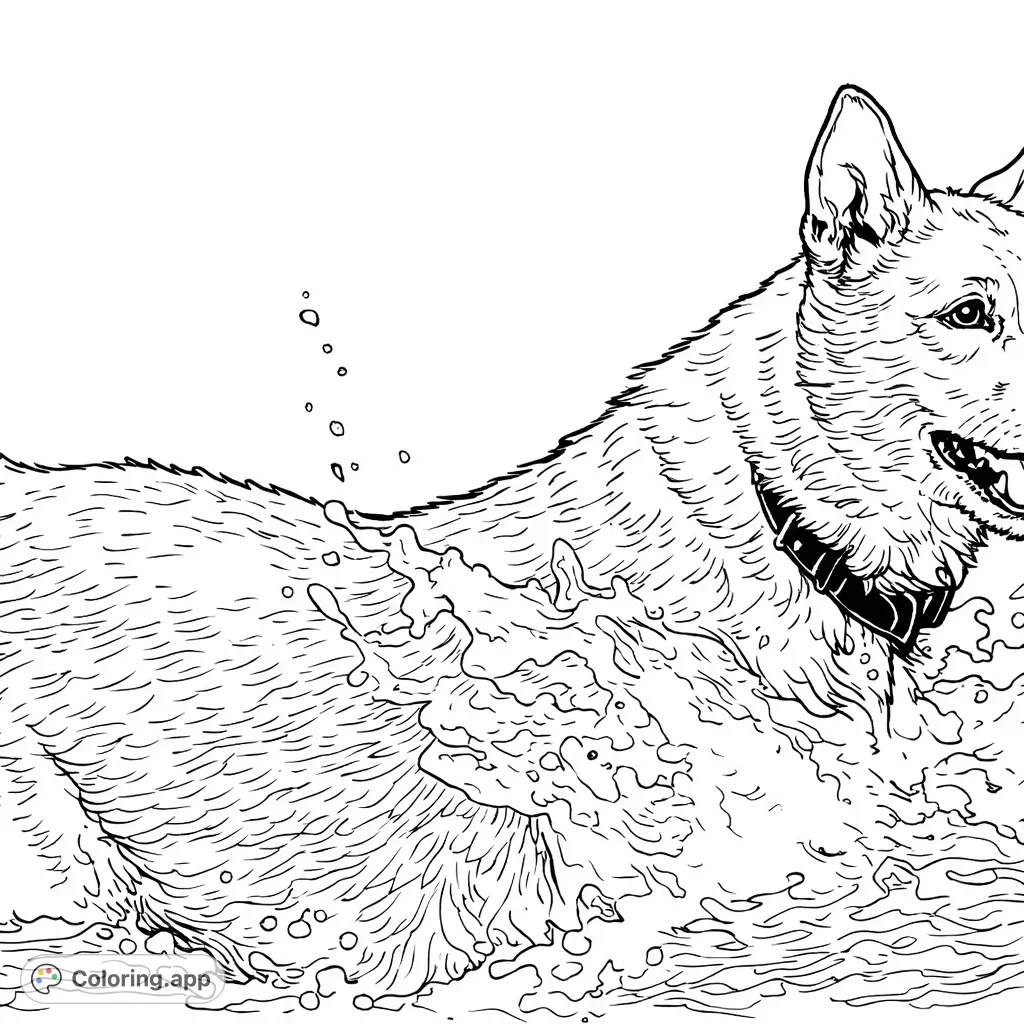 A lively dog enjoying a splash in the water, capturing dynamic movement and joyful energy. Perfect for an engaging and challenging coloring experience.