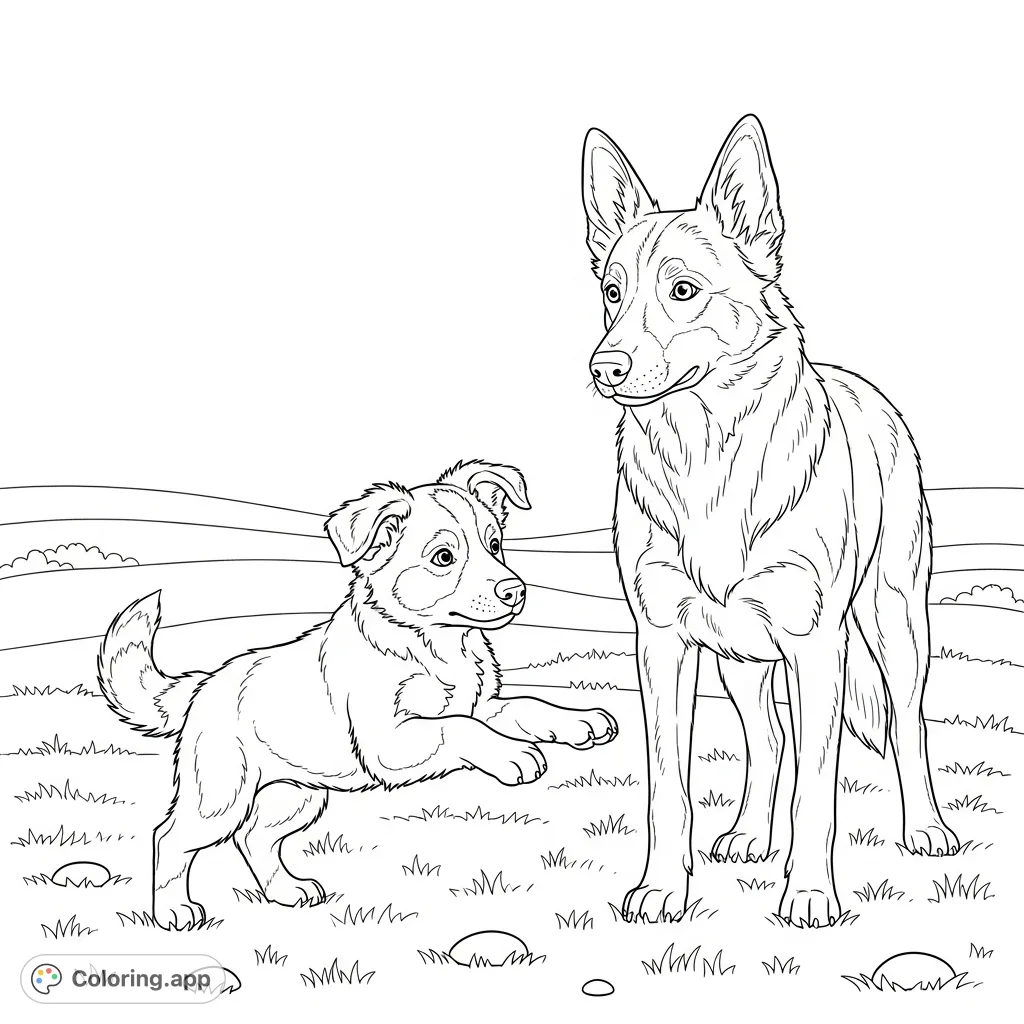 A delightful scene of a playful border collie kelpie mix puppy pouncing near its Australian kelpie mother in a grassy field. Perfect for dog lovers!