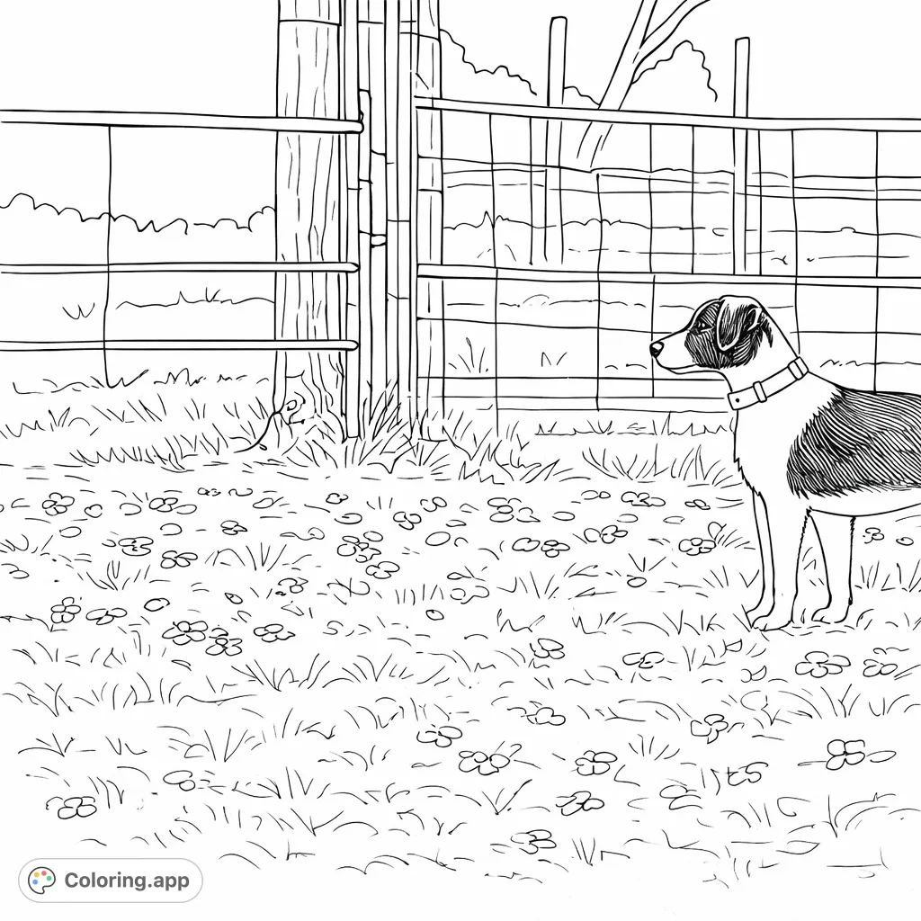 A charming puppy stands attentively in a grassy field adorned with small flora, with a rustic fence in the background. A delightful and engaging coloring page for all ages.