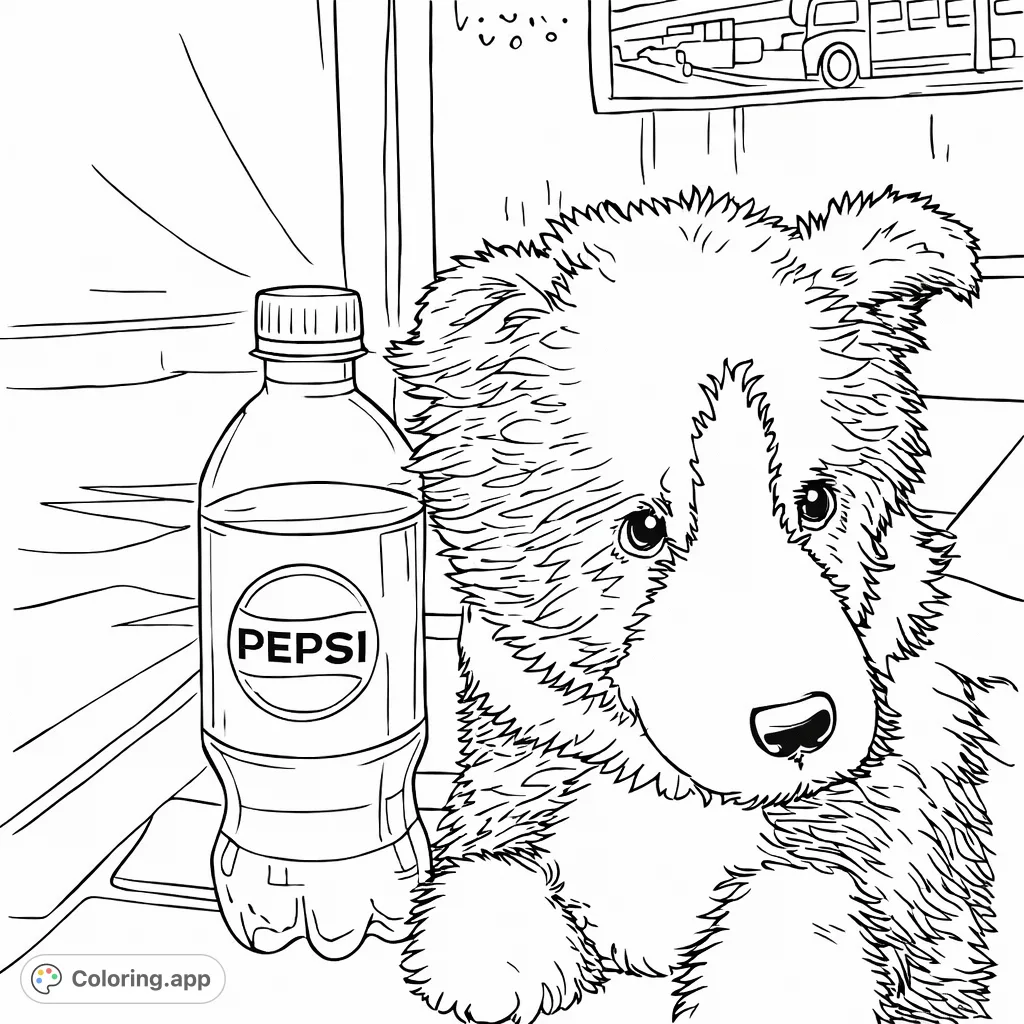 A charming coloring page featuring a fluffy dog toy posing next to a soda bottle in an indoor setting. Perfect for a fun coloring session!