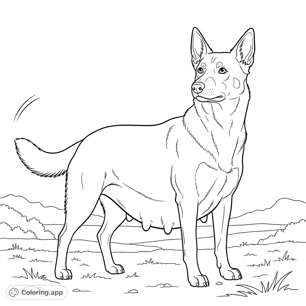 A heartwarming Australian Kelpie dog, visibly pregnant and happily wagging its tail, awaits its litter. This free printable coloring page captures canine joy.