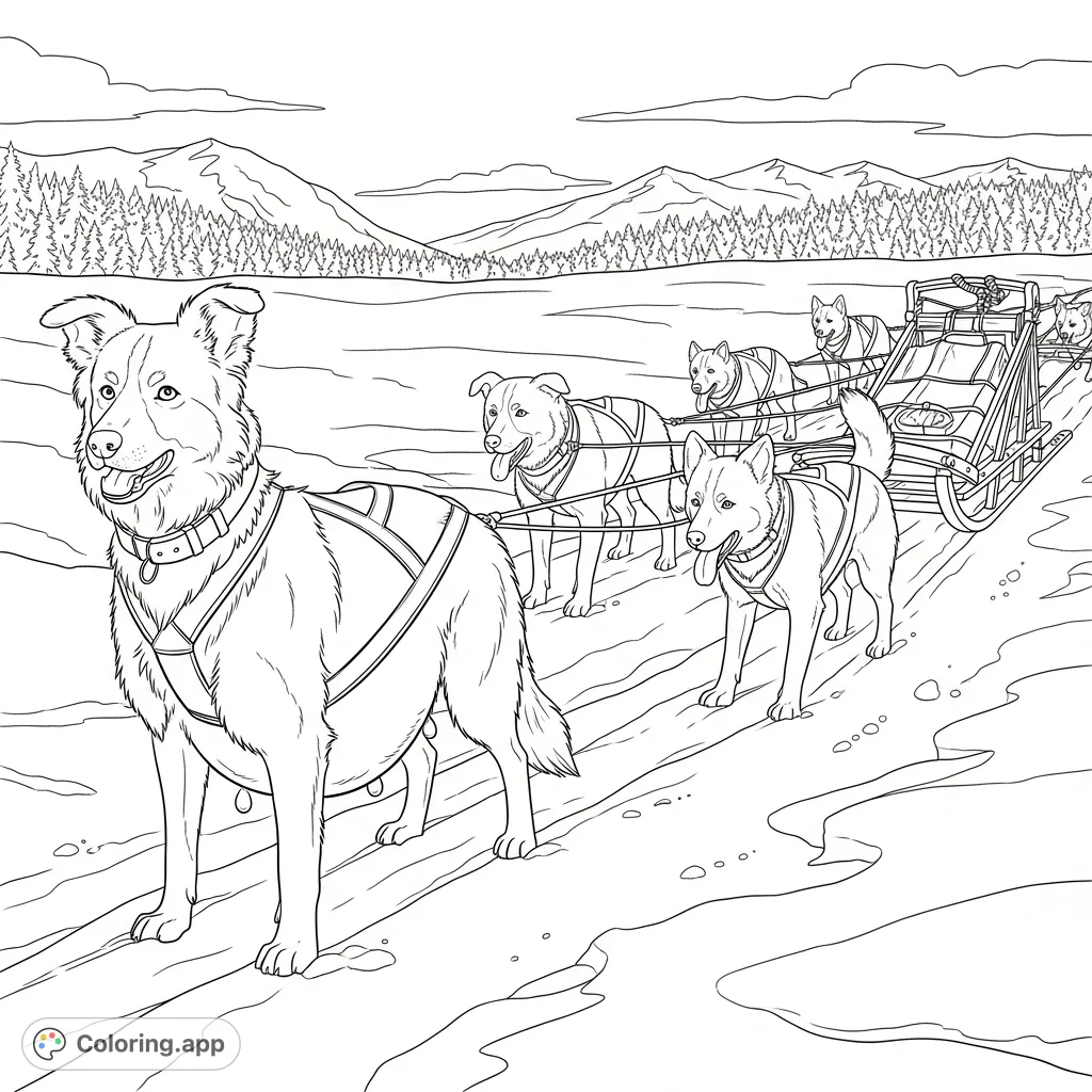 A powerful pregnant border collie leads a determined team of sled dogs across a snowy landscape, showcasing strength and resilience in this unique coloring page.