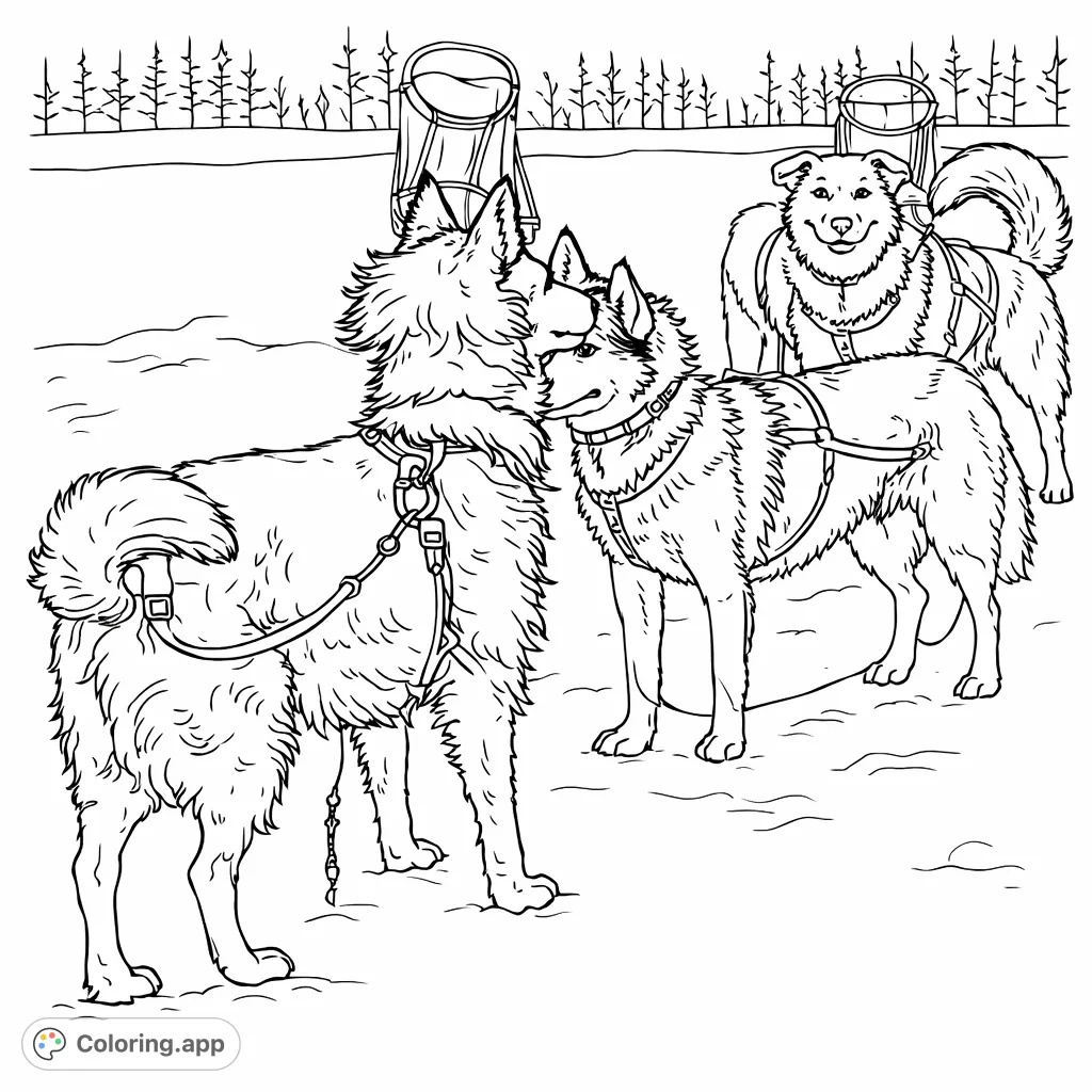 A captivating sled dog team stands ready on a snowy expanse, awaiting their next adventure. A detailed sled dog coloring page for enthusiasts.