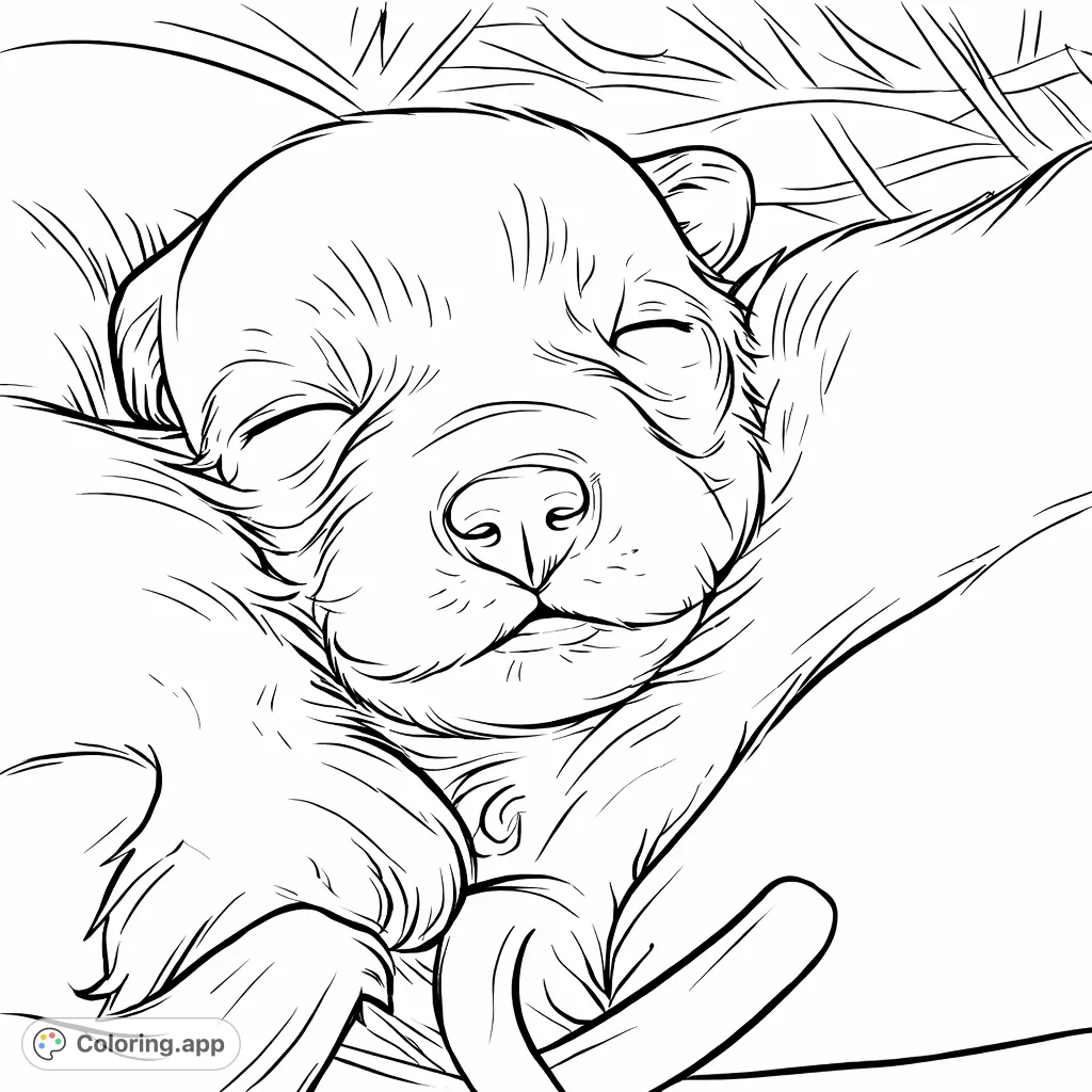 An adorable newborn puppy peacefully sleeps, nestled among its littermates. A heartwarming scene perfect for animal lovers and mindful coloring.