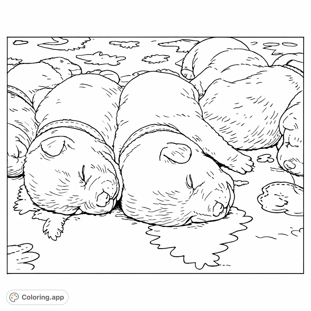 A heartwarming scene of adorable newborn puppies sleeping soundly together. Perfect for animal lovers to bring to life with gentle hues.