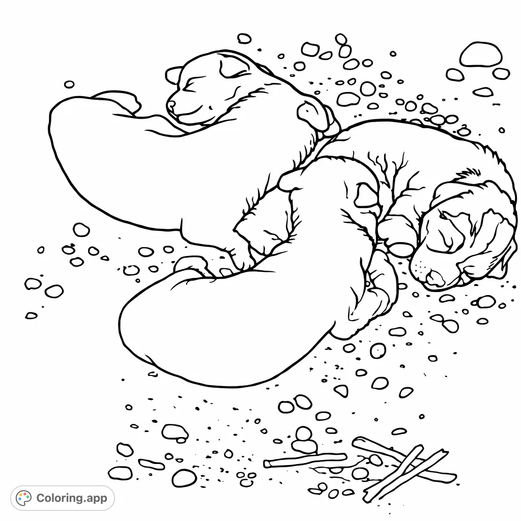 Cuddle up with this adorable puppy pile coloring page! Four sweet, sleeping puppies are nestled on the ground, perfect for animal lovers to bring to life.