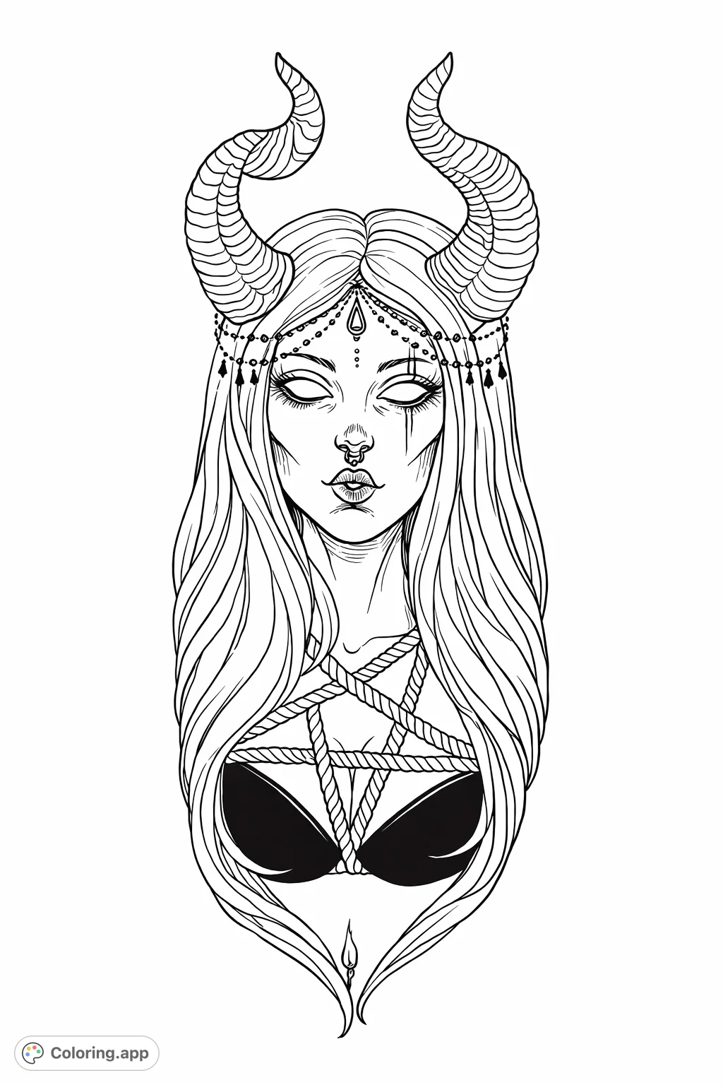 A striking horned woman, adorned with a jeweled diadem and a bold rope pentagram across her chest. Perfect for adult colorists exploring dark fantasy.