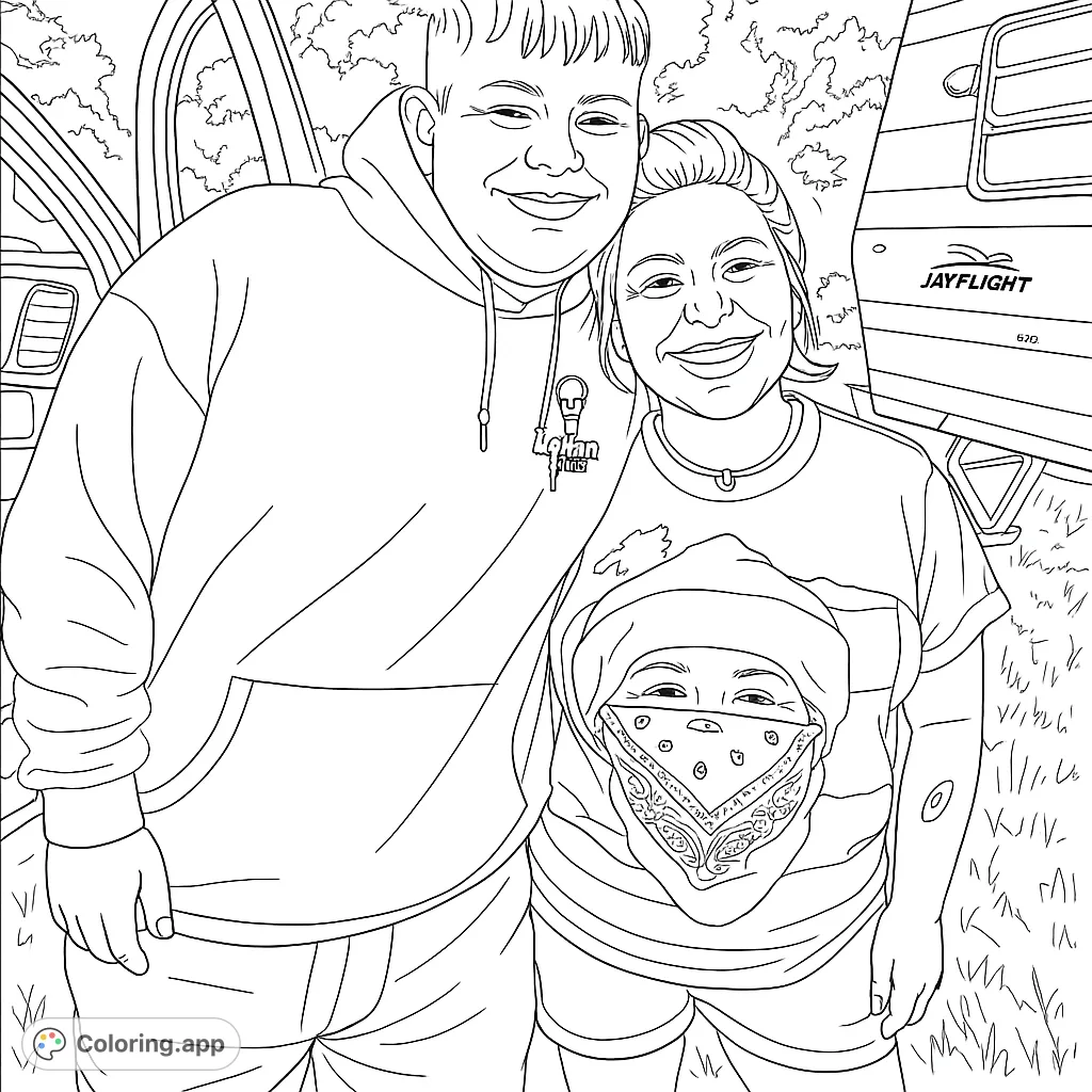 A cheerful couple embraces outdoors, with a camper and natural foliage in the background. Perfect for personalizing an outdoor memory.