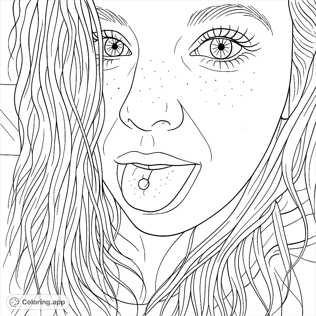 An expressive portrait highlighting a unique tongue piercing and textured hair. Perfect for personalizing with creative shades and designs.