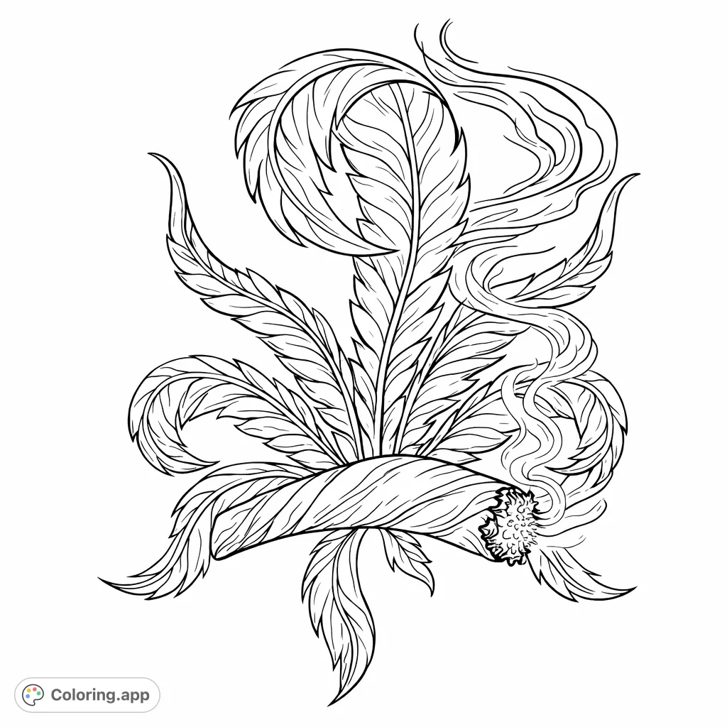 Explore this intricate design featuring a stylized plant structure with a lit rolled object and swirling smoke. A detailed and engaging coloring page for enthusiasts.